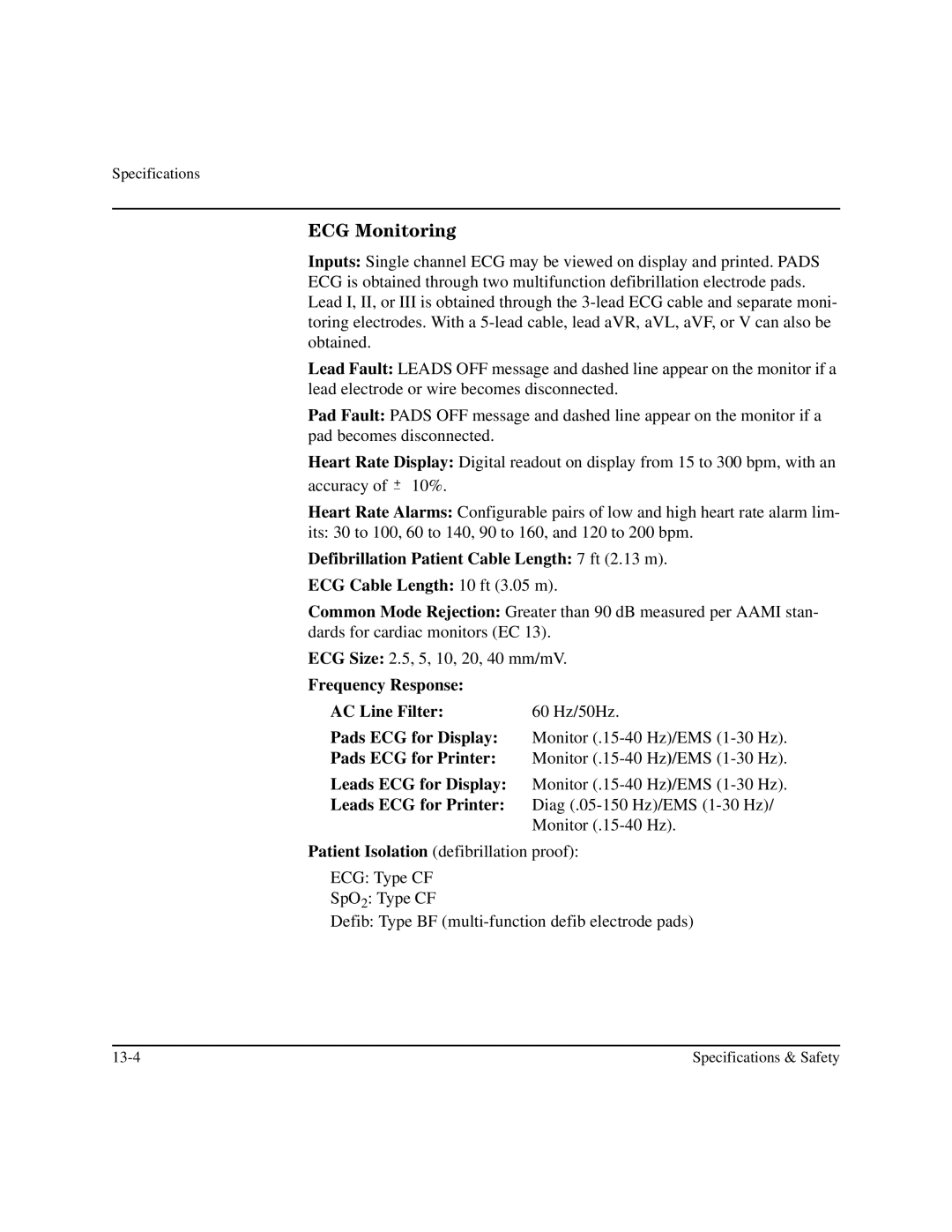 Philips M3500B manual ECG Monitoring, Frequency Response AC Line Filter 60 Hz/50Hz 