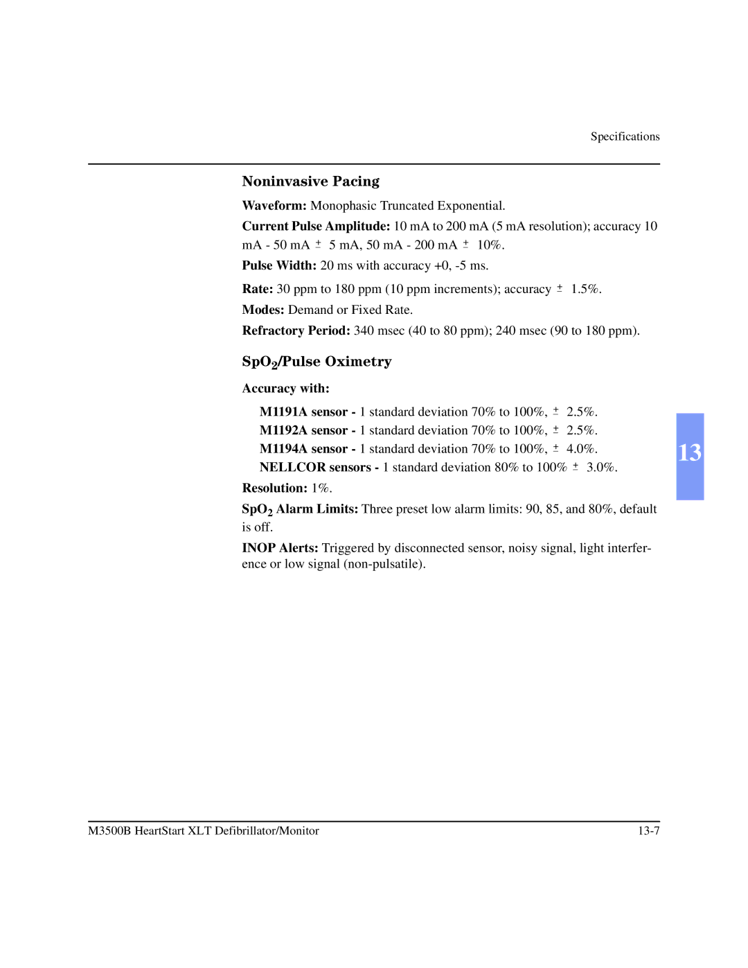 Philips M3500B manual Noninvasive Pacing, SpO2/Pulse Oximetry 