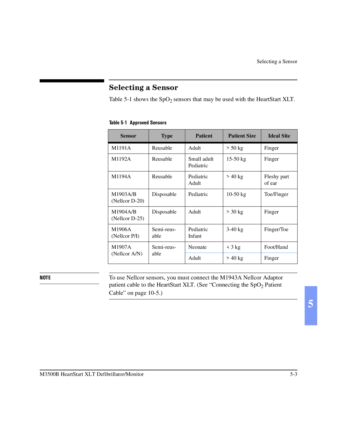 Philips M3500B manual Selecting a Sensor, Approved Sensors, Sensor Type Patient Patient Size Ideal Site 
