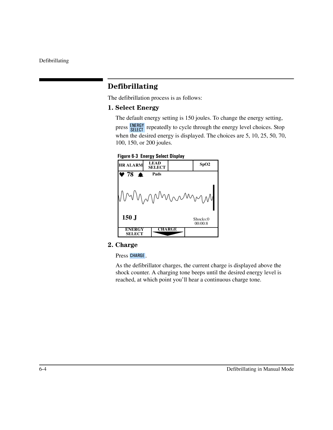 Philips M3500B manual Select Energy, 150 J, Charge 