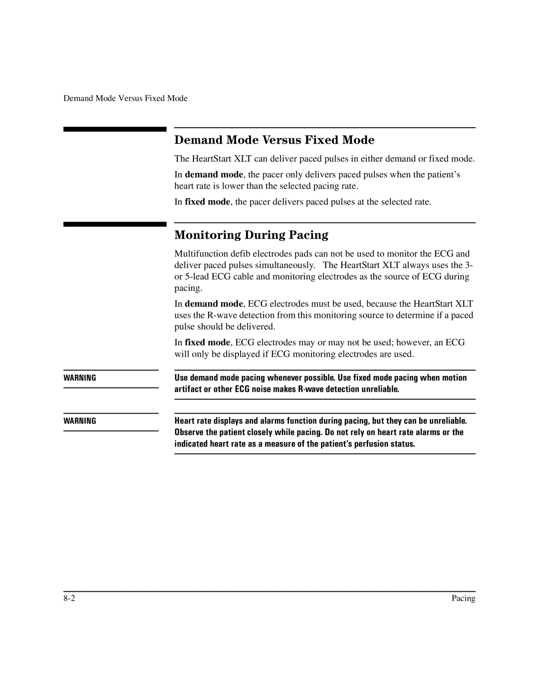 Philips M3500B manual Demand Mode Versus Fixed Mode, Monitoring During Pacing 