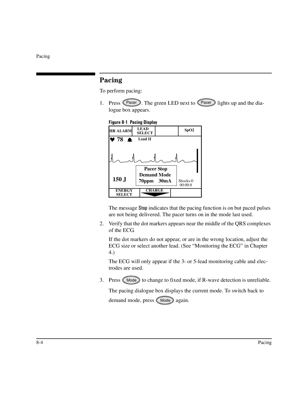 Philips M3500B manual Pacing, Pacer Stop Demand Mode 70ppm 30mA 