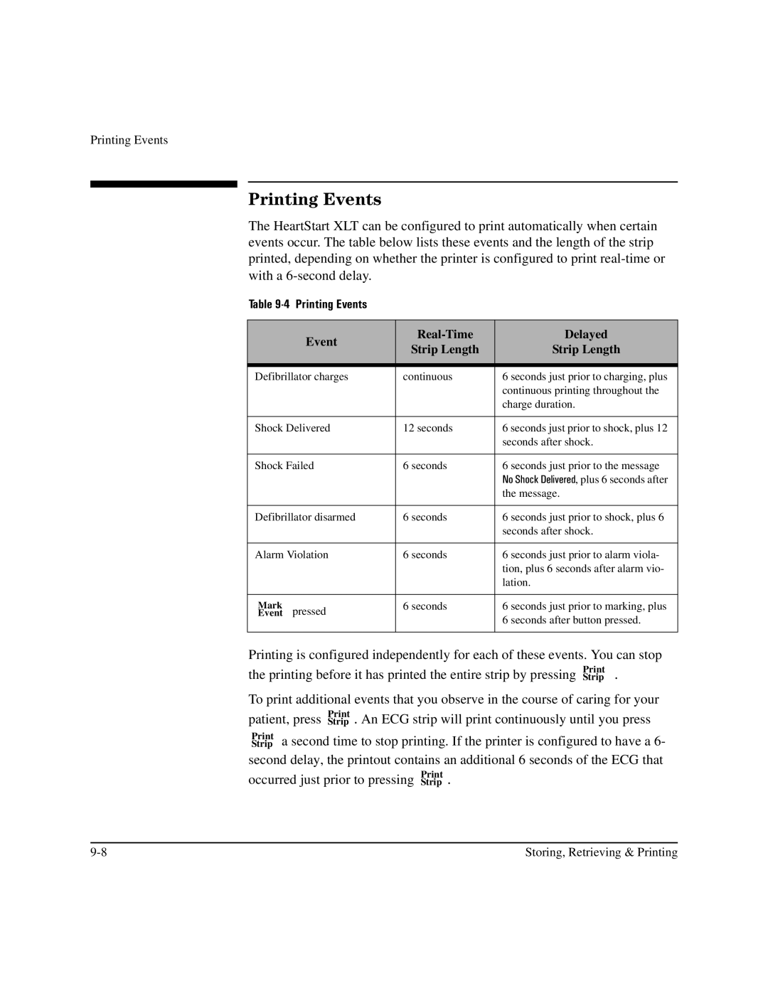 Philips M3500B manual Printing Events, Event Real-Time Delayed Strip Length 