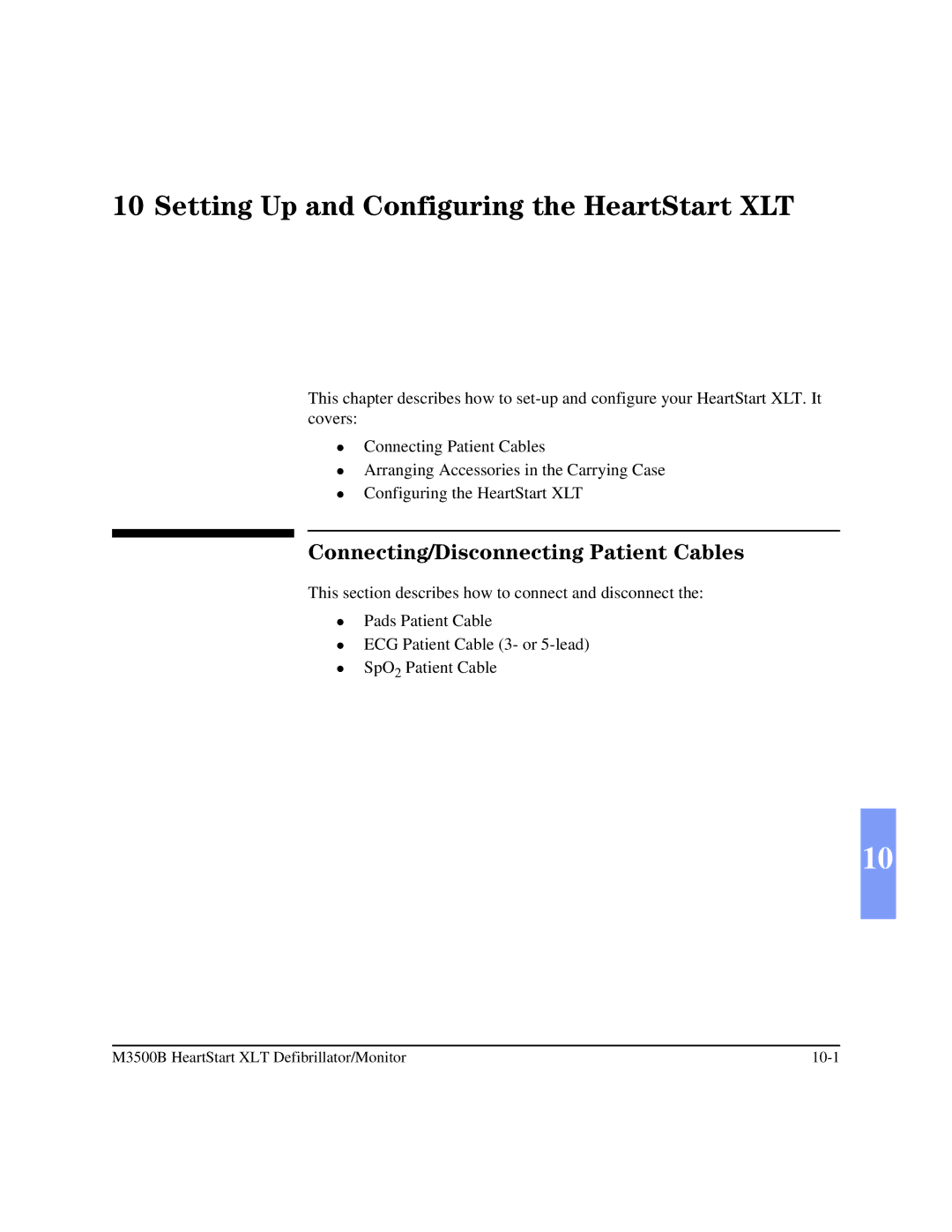 Philips M3500B manual Setting Up and Configuring the HeartStart XLT, Connecting/Disconnecting Patient Cables 