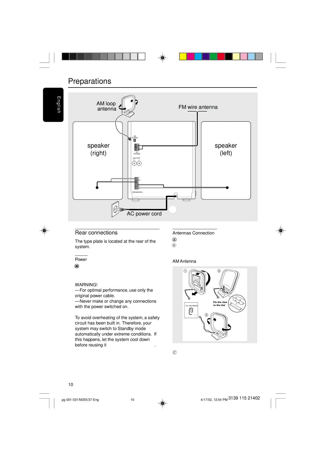 Philips M355 warranty Preparations, Rear connections, Power, Antennas Connection, AM Antenna 