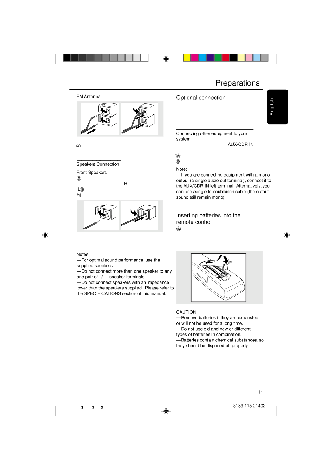 Philips M355 warranty Optional connection, Inserting batteries into the remote control, FM Antenna 