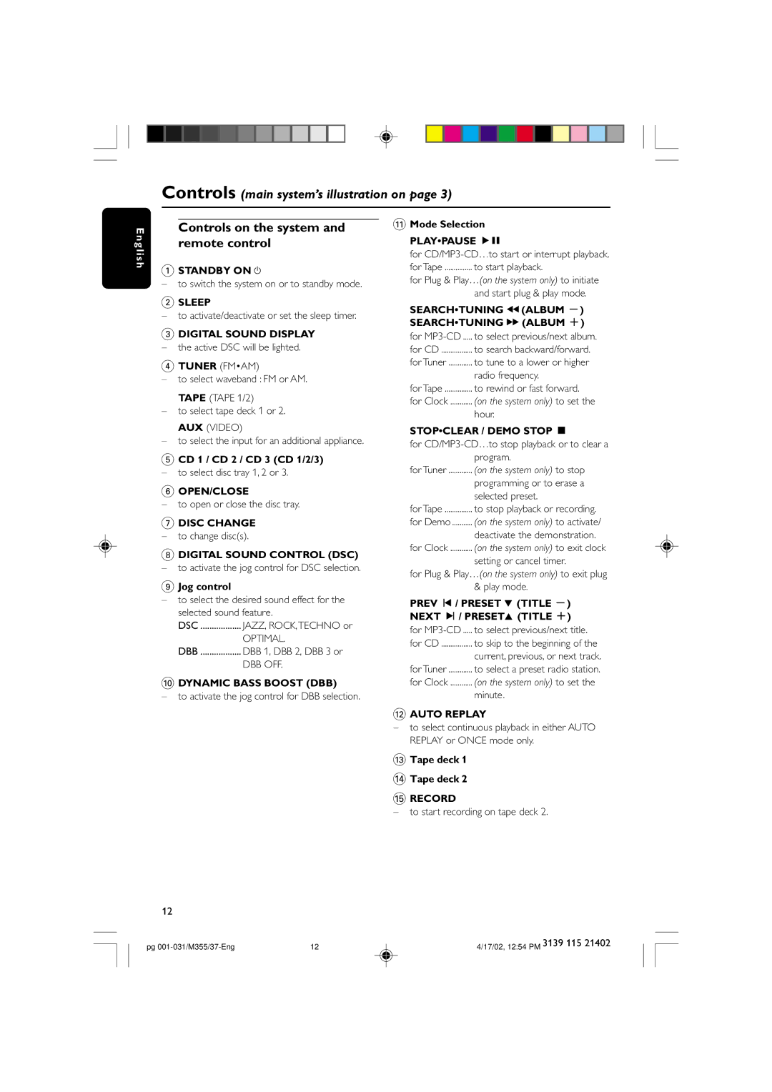 Philips M355 warranty Controls on the system and remote control 