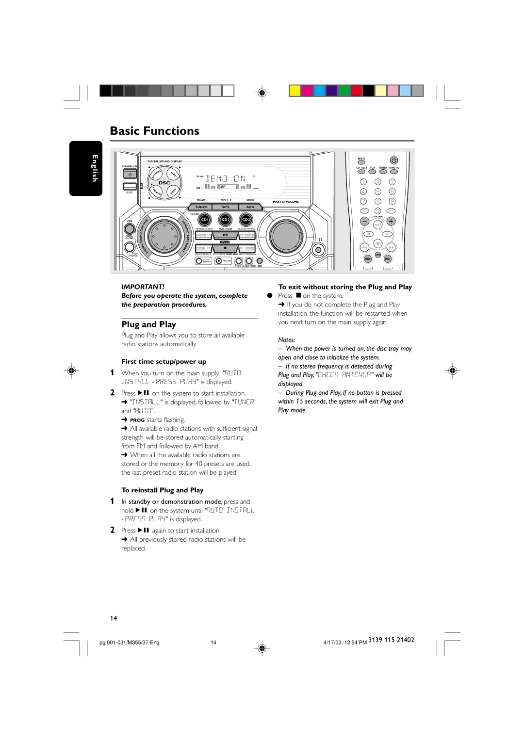 Philips M355 warranty First time setup/power up, To reinstall Plug and Play, To exit without storing the Plug and Play 