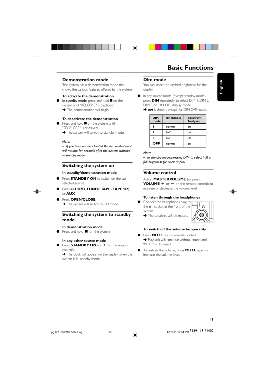 Philips M355 warranty Basic Functions 