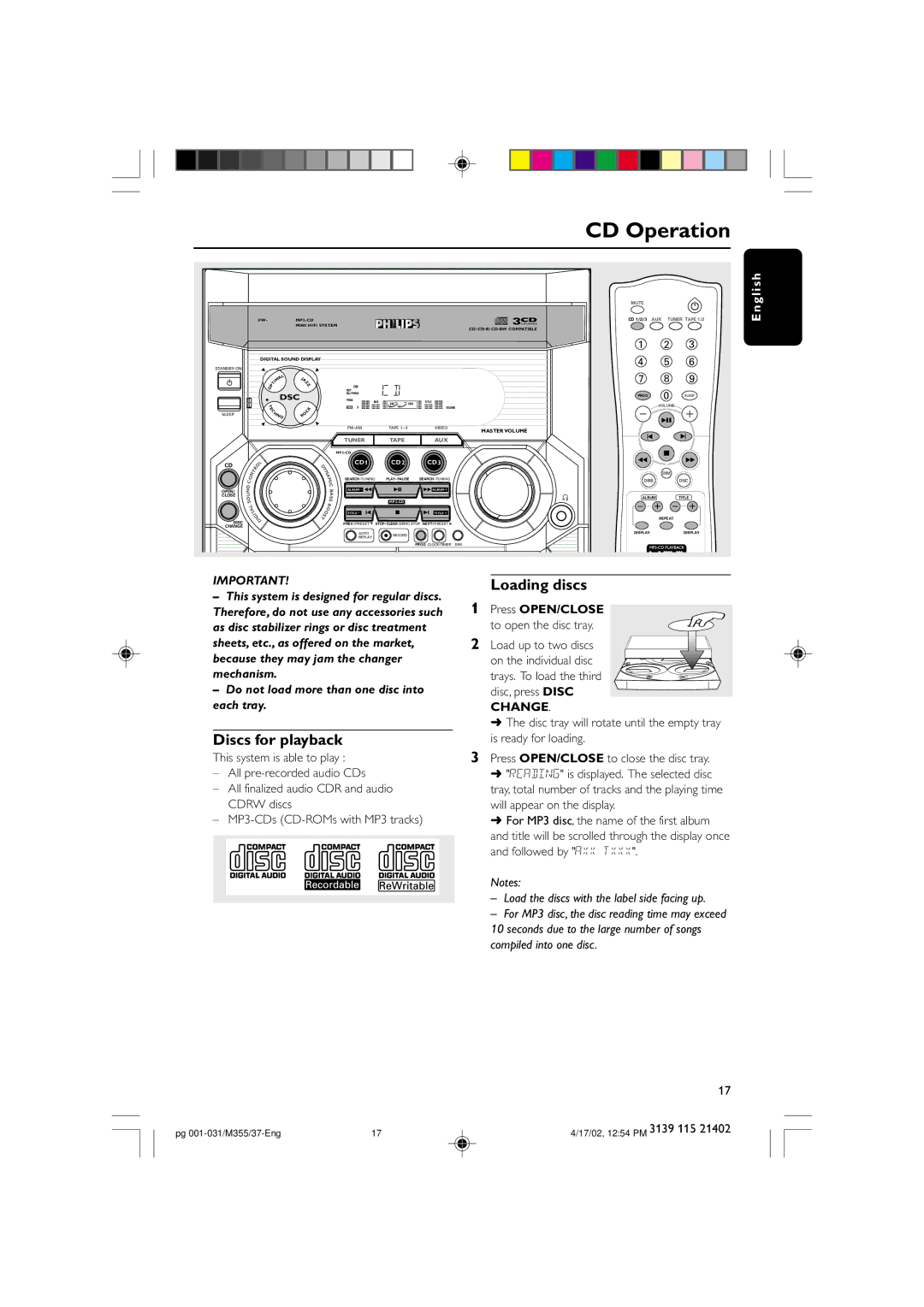 Philips M355 warranty CD Operation, Discs for playback, Loading discs, Disc, press Disc, Change 