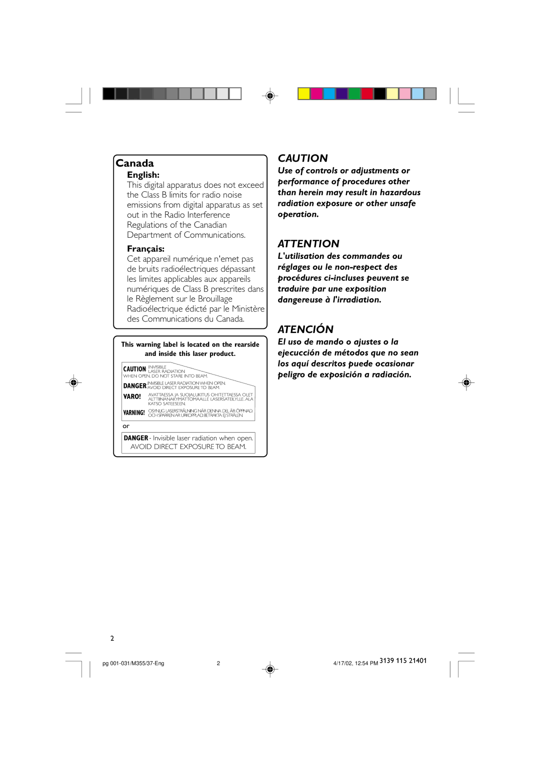 Philips M355 warranty English, Français, Inside this laser product 