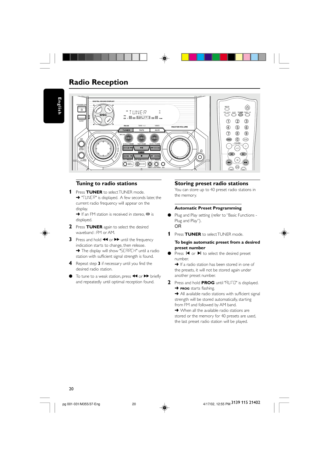 Philips M355 warranty Tuning to radio stations, Storing preset radio stations, Automatic Preset Programming 