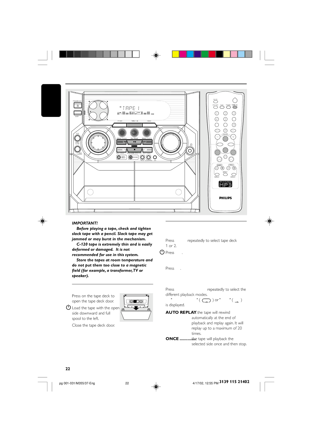 Philips M355 warranty Tape Operation / Recording, Loading tape, Playing tapes, To playback a selected tape deck 