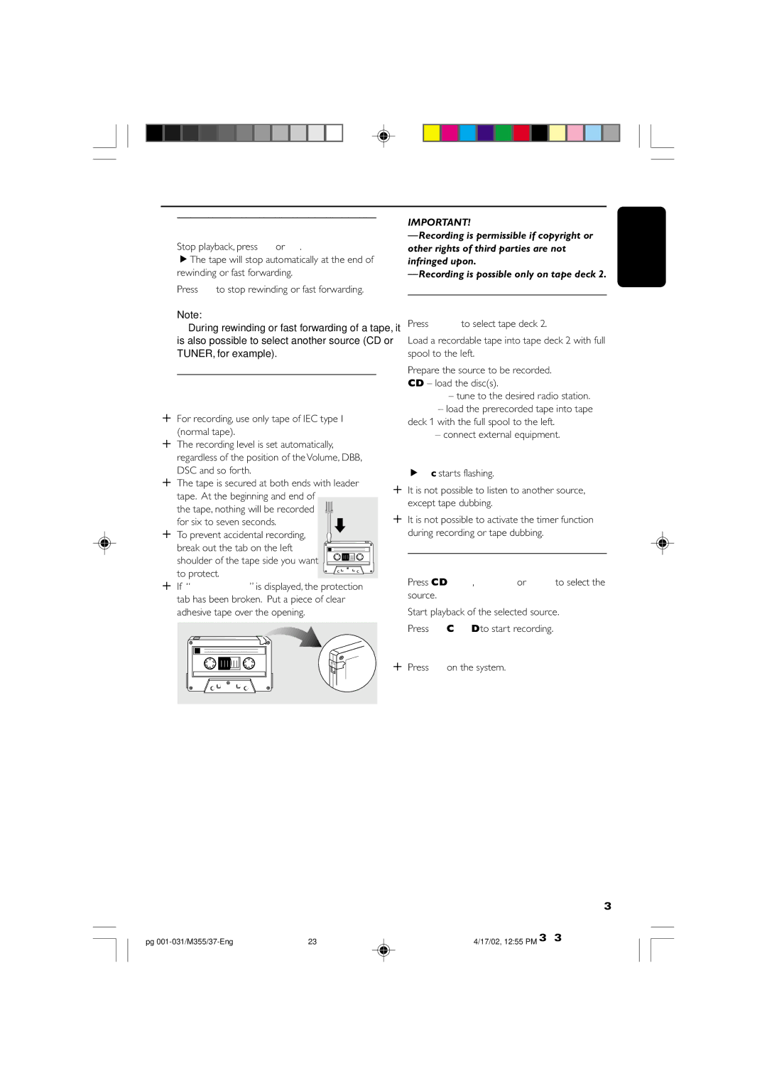 Philips M355 Rewinding / Fast forwarding, General information on recording, Preparation for recording, One touch recording 