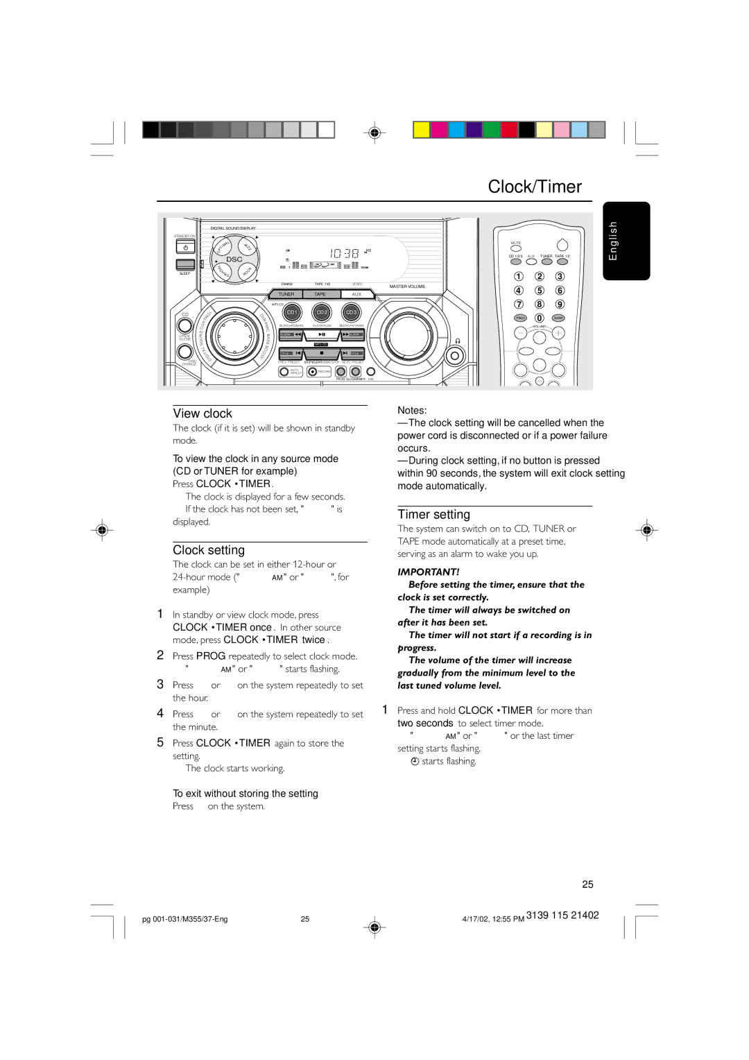 Philips M355 warranty View clock, Clock setting, Timer setting, To exit without storing the setting 