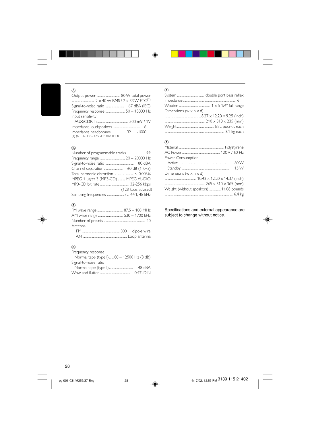 Philips M355 warranty Specifications 