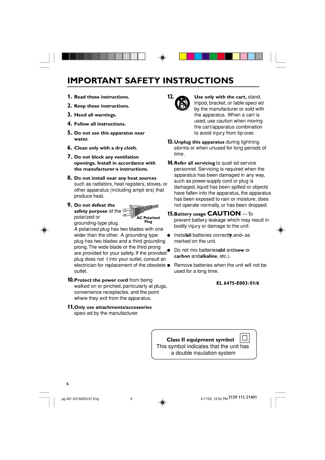 Philips M355 warranty Important Safety Instructions, Class II equipment symbol 