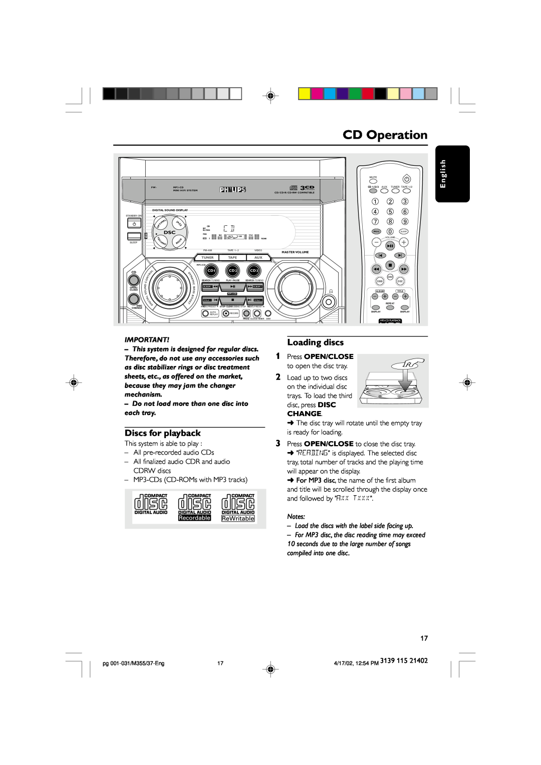Philips M355 warranty CD Operation, Discs for playback, Loading discs, Press OPEN/CLOSE, Change, E n g l i s h 