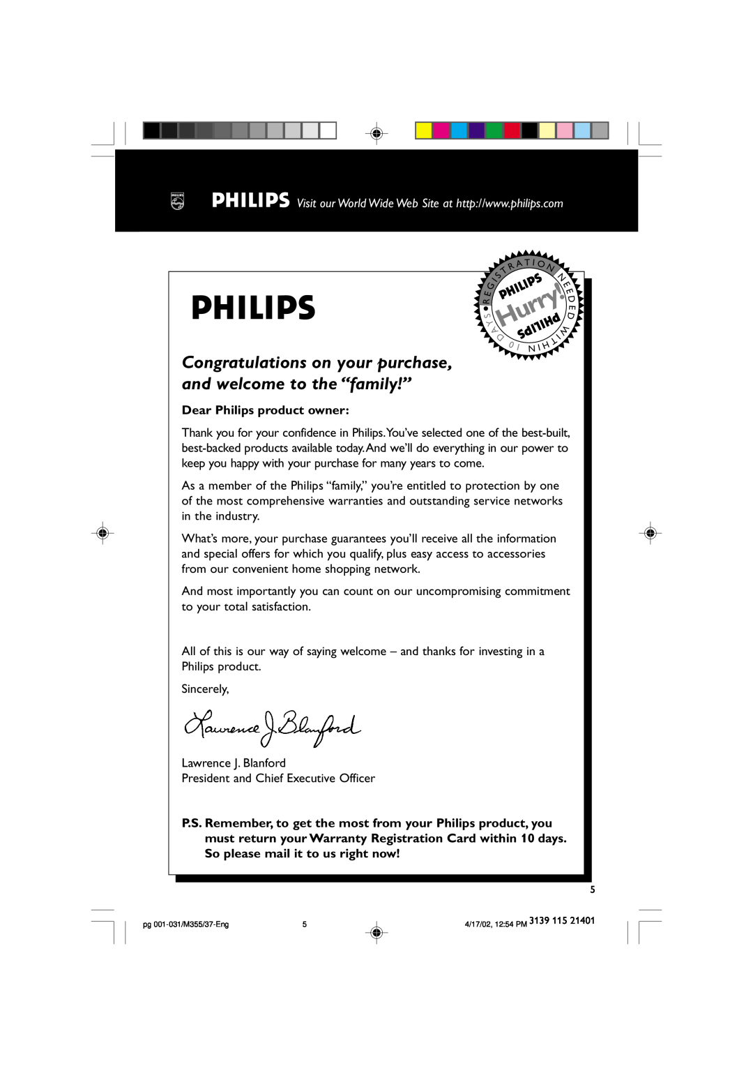 Philips M355 warranty Dear Philips product owner, Hurry 