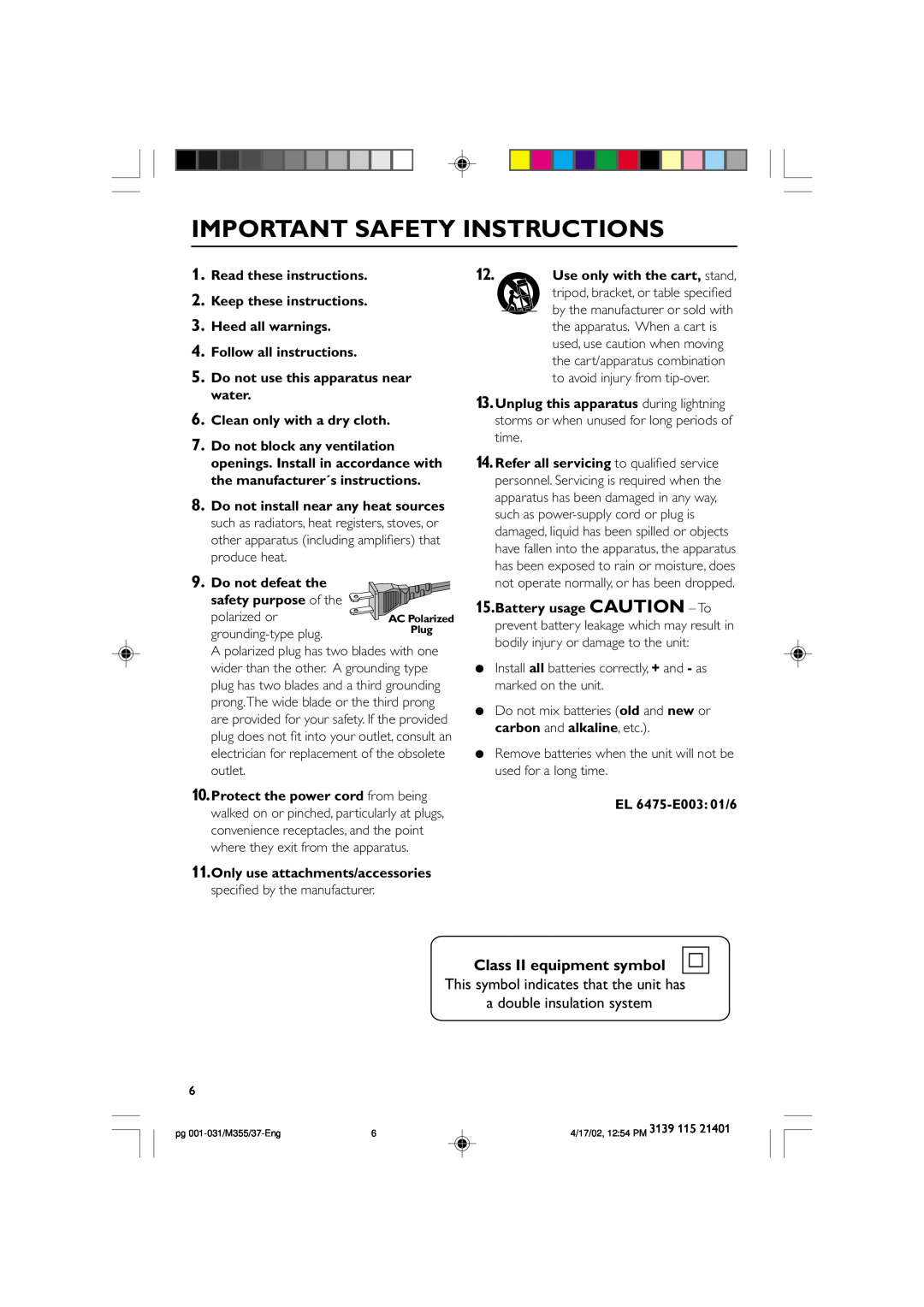 Philips M355 warranty Class II equipment symbol, Important Safety Instructions 