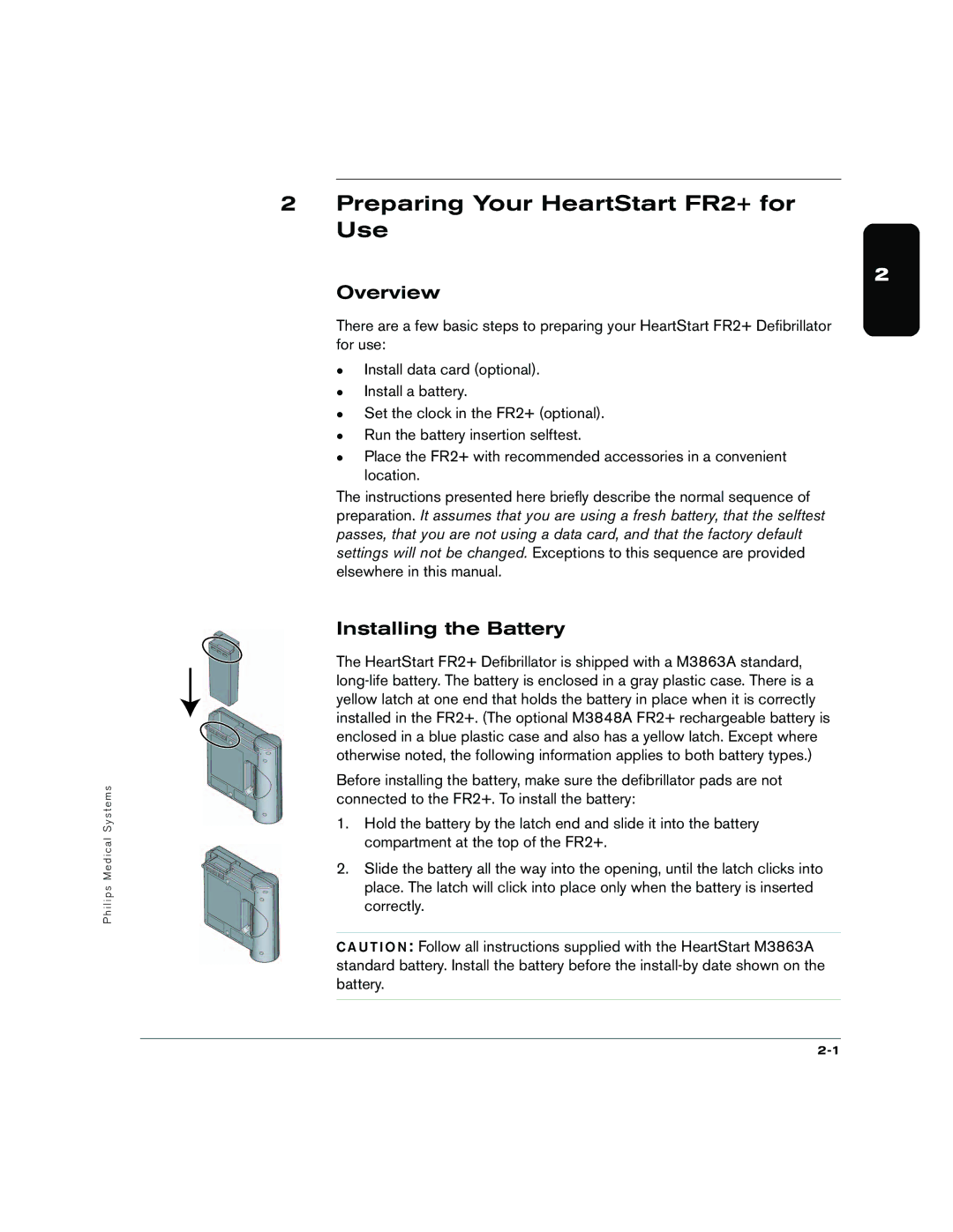 Philips M3860A, M3861A manual Preparing Your HeartStart FR2+ for Use, Overview, Installing the Battery 