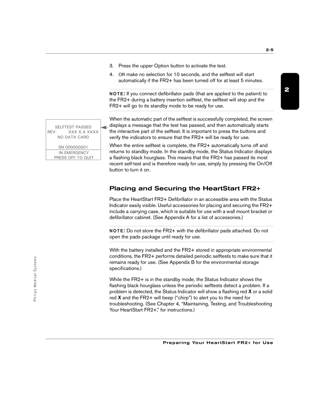 Philips M3860A, M3861A manual Placing and Securing the HeartStart FR2+, Press the upper Option button to activate the test 