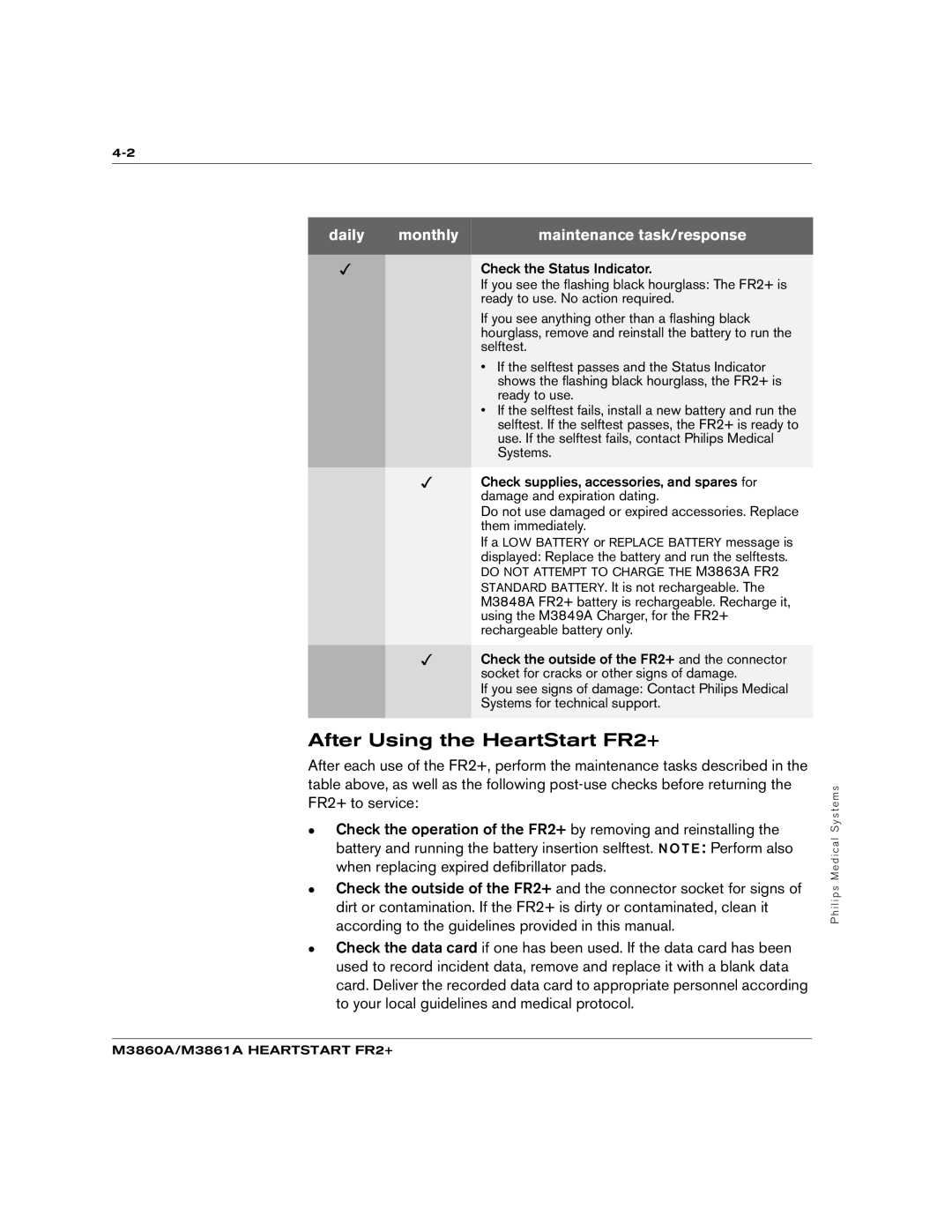 Philips M3861A, M3860A manual After Using the HeartStart FR2+, Daily Monthly Maintenance task/response 