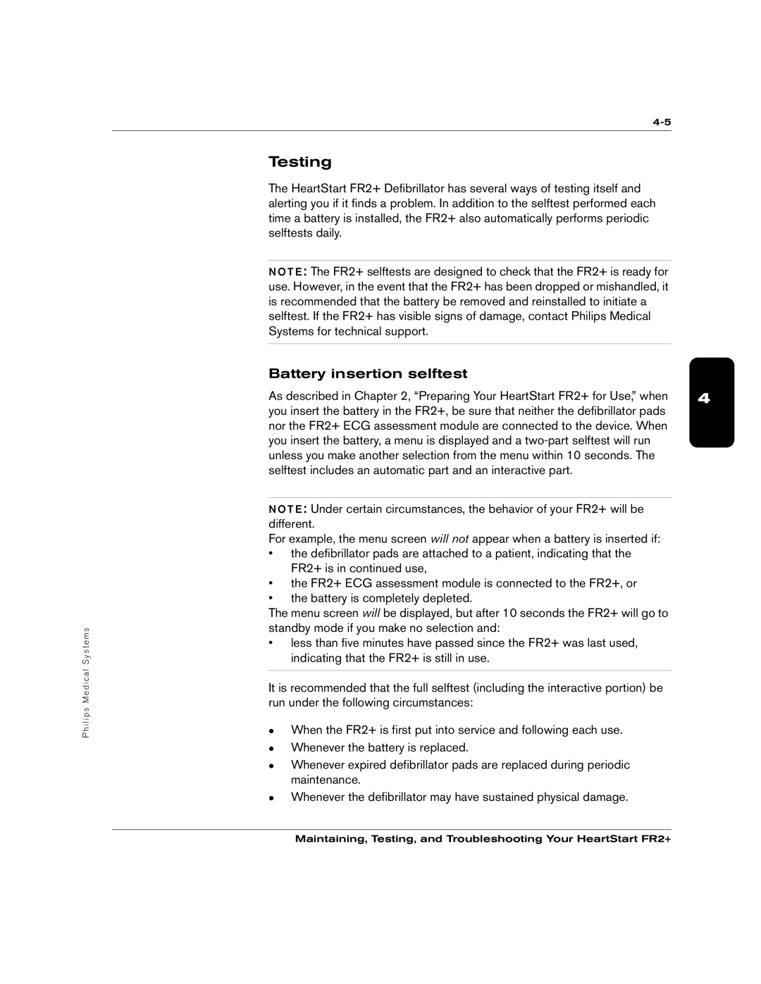 Philips M3860A, M3861A manual Testing, Battery insertion selftest 