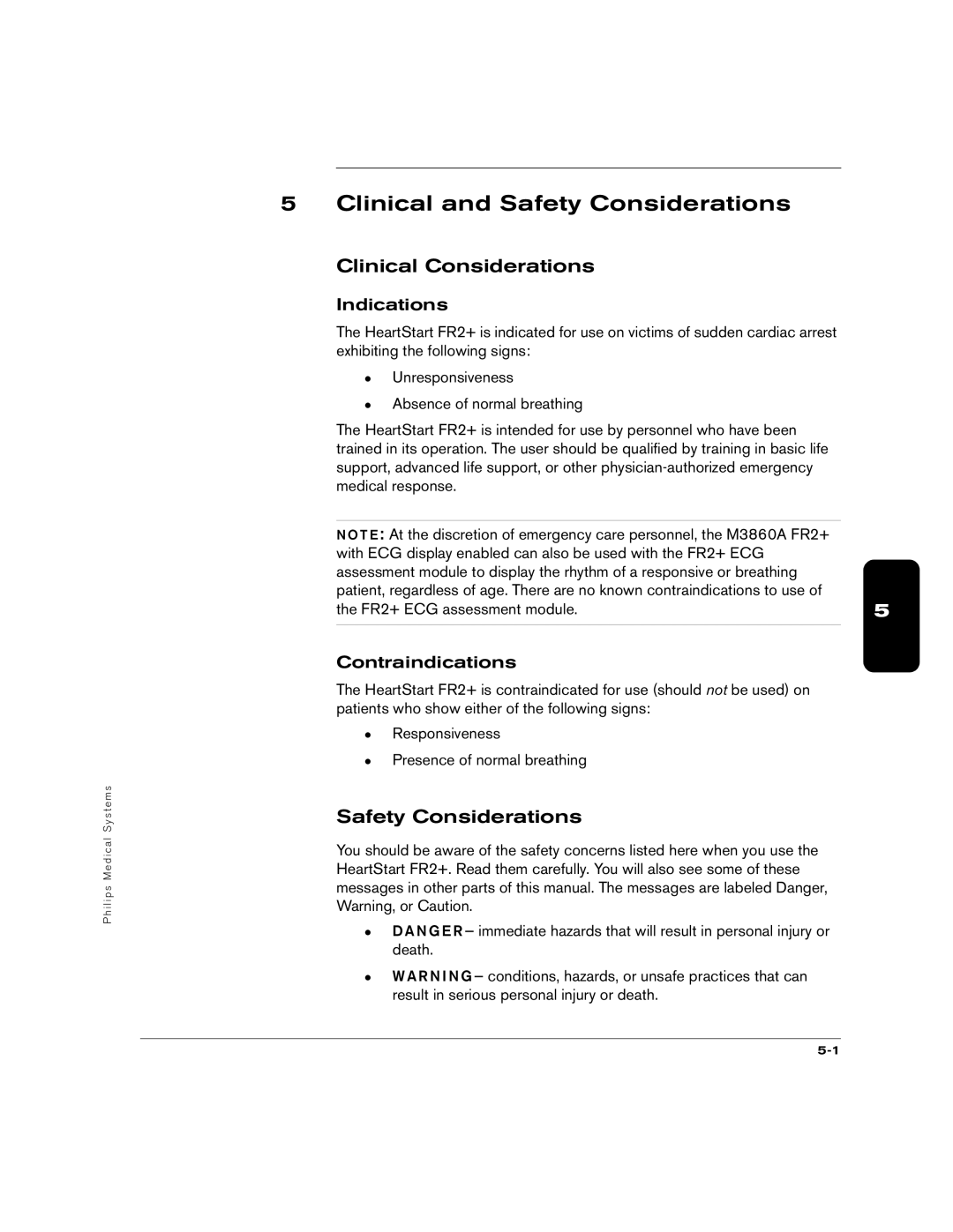 Philips M3860A, M3861A manual Clinical and Safety Considerations, Clinical Considerations, Indications, Contraindications 