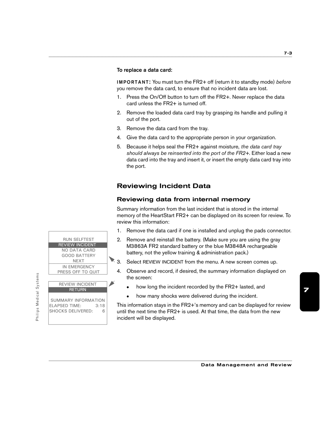 Philips M3860A, M3861A manual Reviewing Incident Data, Reviewing data from internal memory 