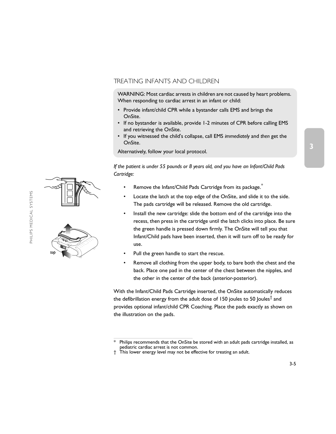 Philips M5066A owner manual Treating Infants and Children, Remove the Infant/Child Pads Cartridge from its package 