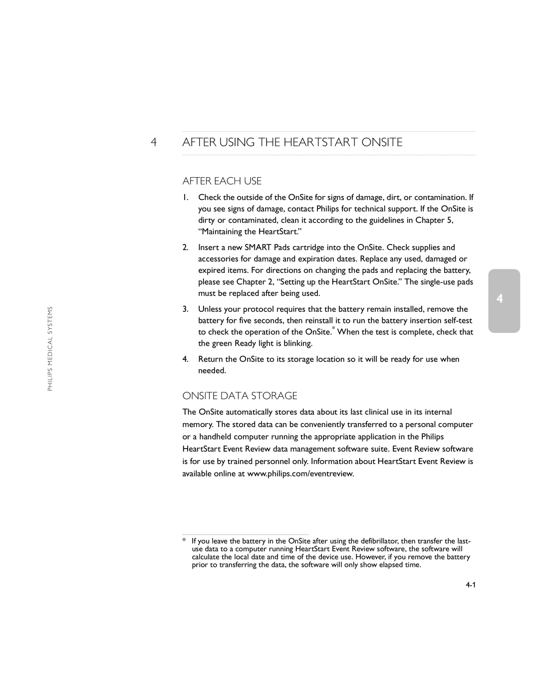 Philips M5066A After Using the Heartstart Onsite, After Each USE, Onsite Data Storage, Must be replaced after being used 