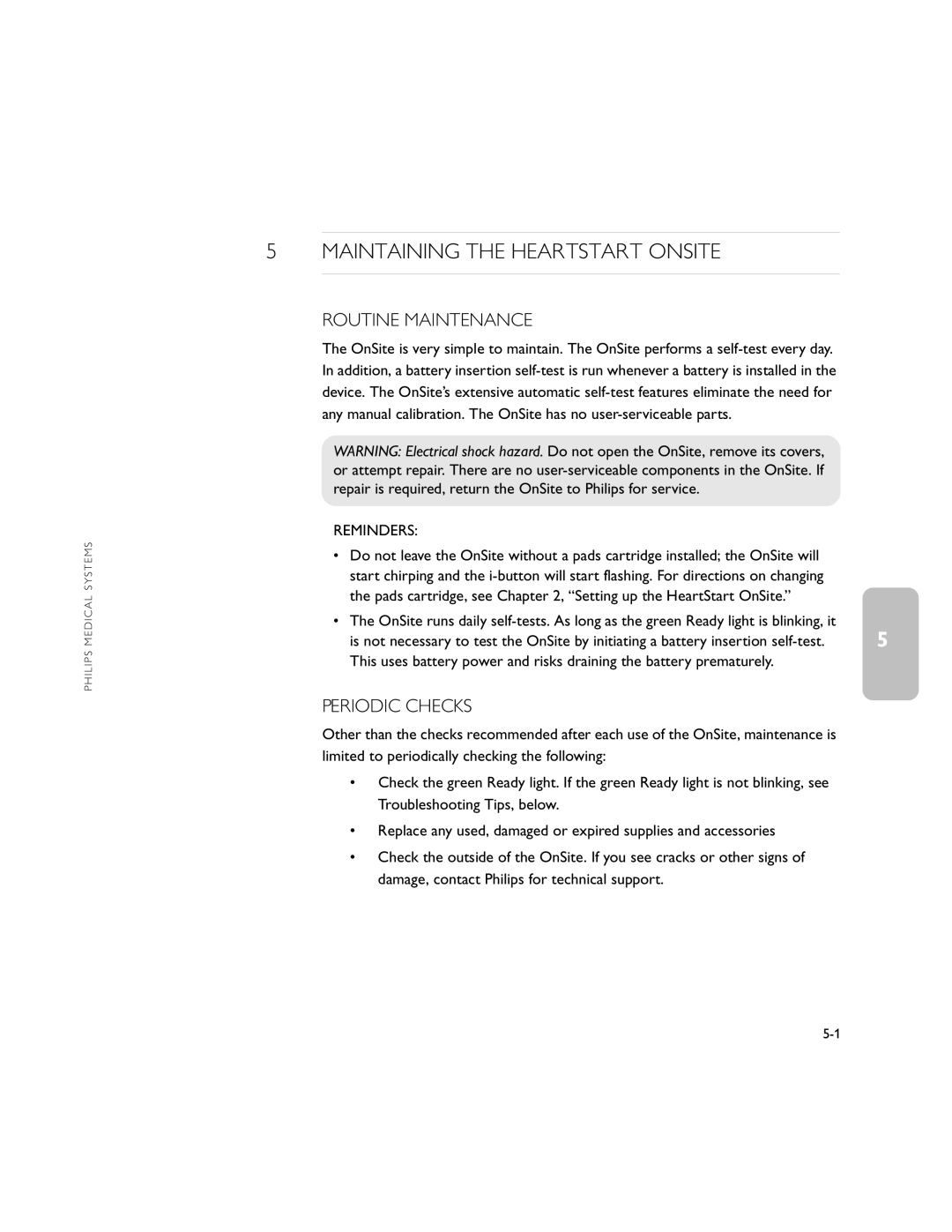 Philips M5066A owner manual Maintaining the Heartstart Onsite, Routine Maintenance, Periodic Checks, Reminders 