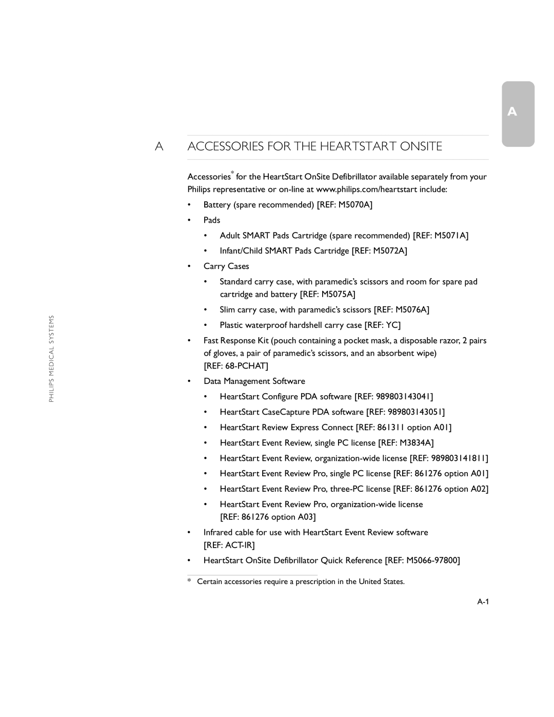 Philips M5066A owner manual Accessories for the Heartstart Onsite, REF 68-PCHAT 