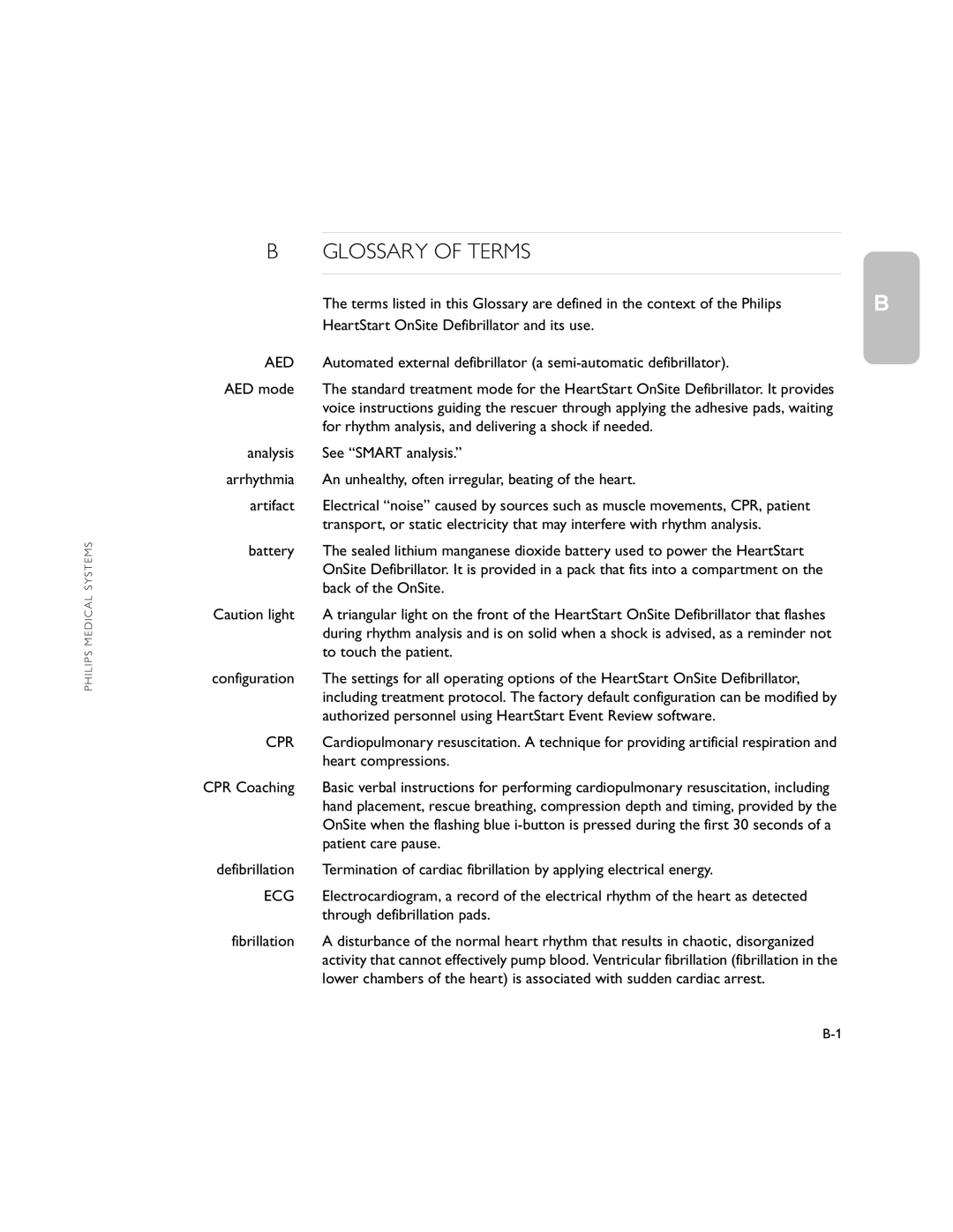 Philips M5066A owner manual Glossary of Terms, Aed, Cpr, Ecg 