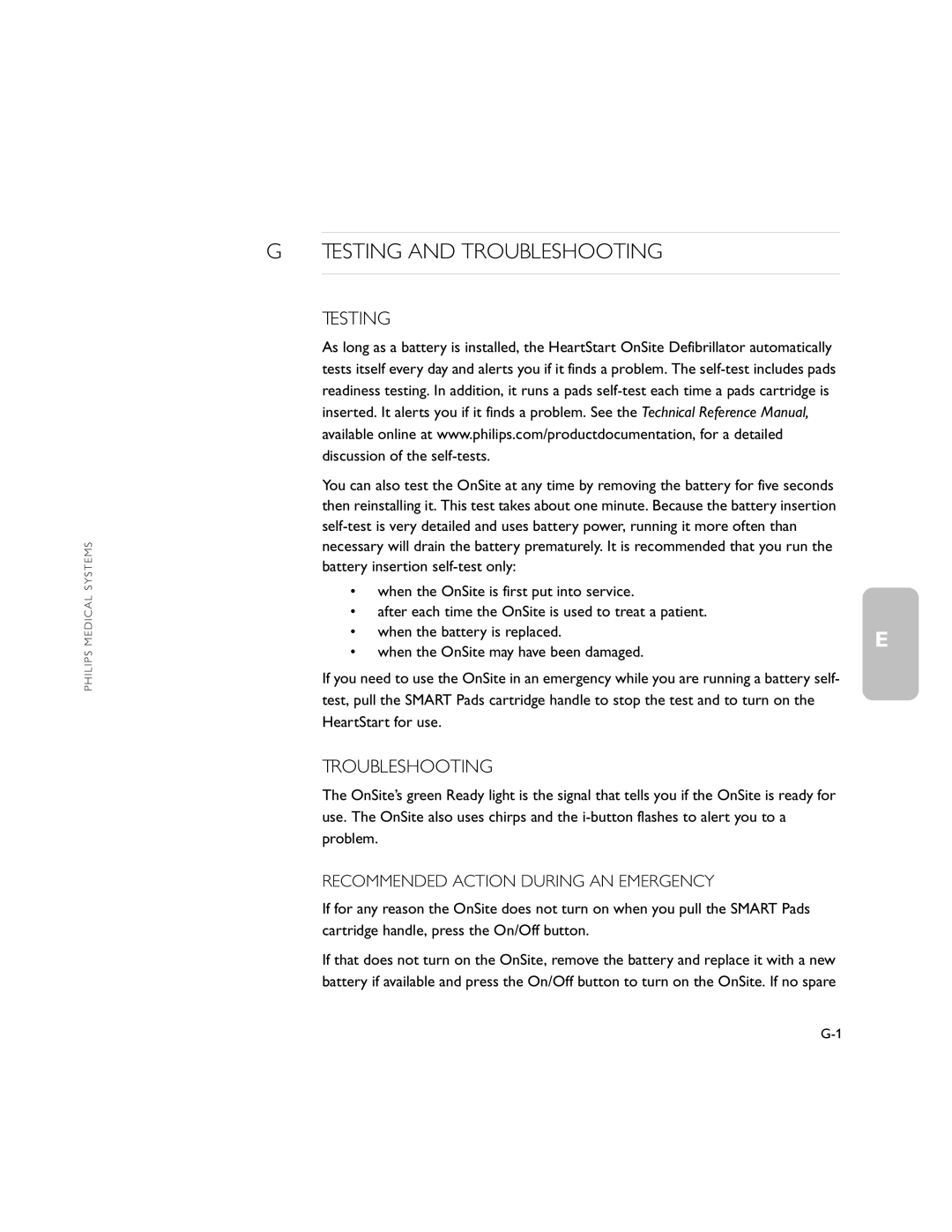 Philips M5066A owner manual Testing and Troubleshooting, Recommended Action During AN Emergency 