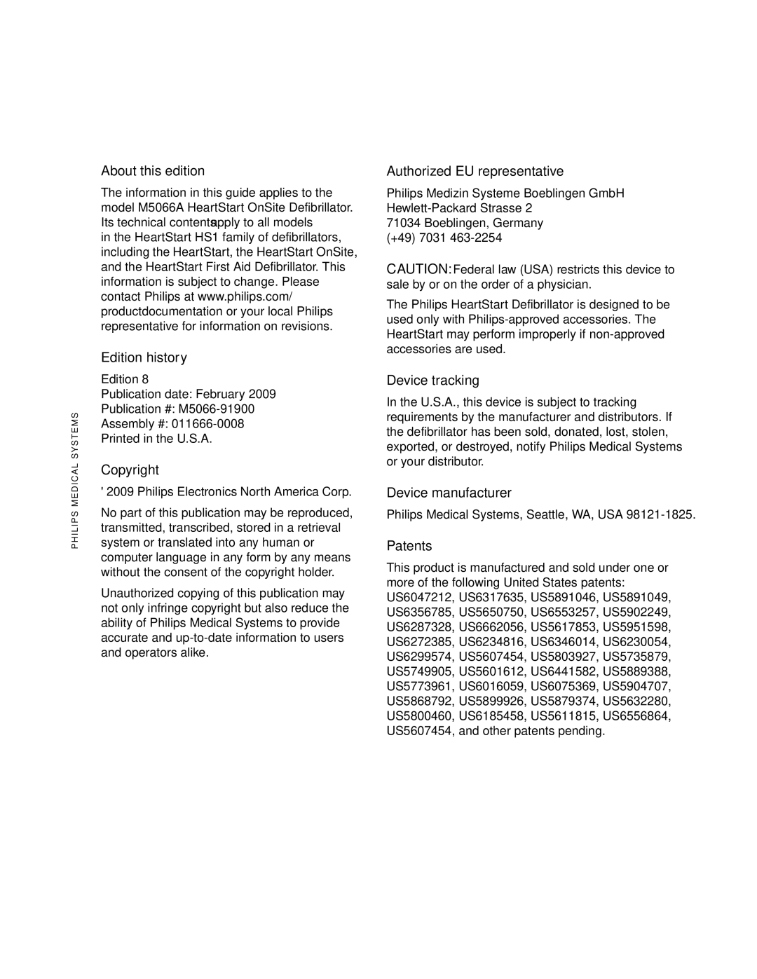 Philips M5066A owner manual Philips Electronics North America Corp, Philips Medical Systems, Seattle, WA, USA 