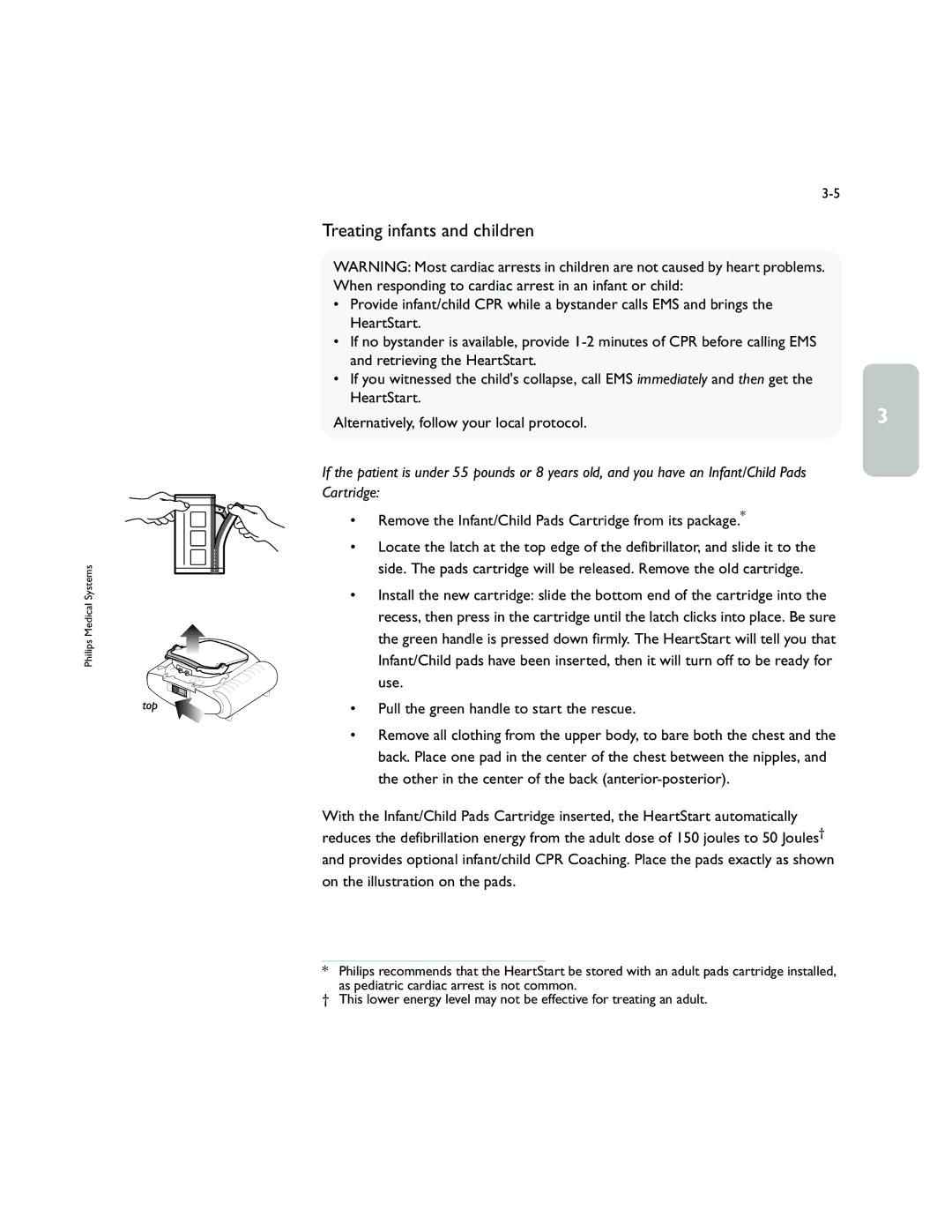 Philips M5066A owner manual Treating infants and children, Remove the Infant/Child Pads Cartridge from its package 