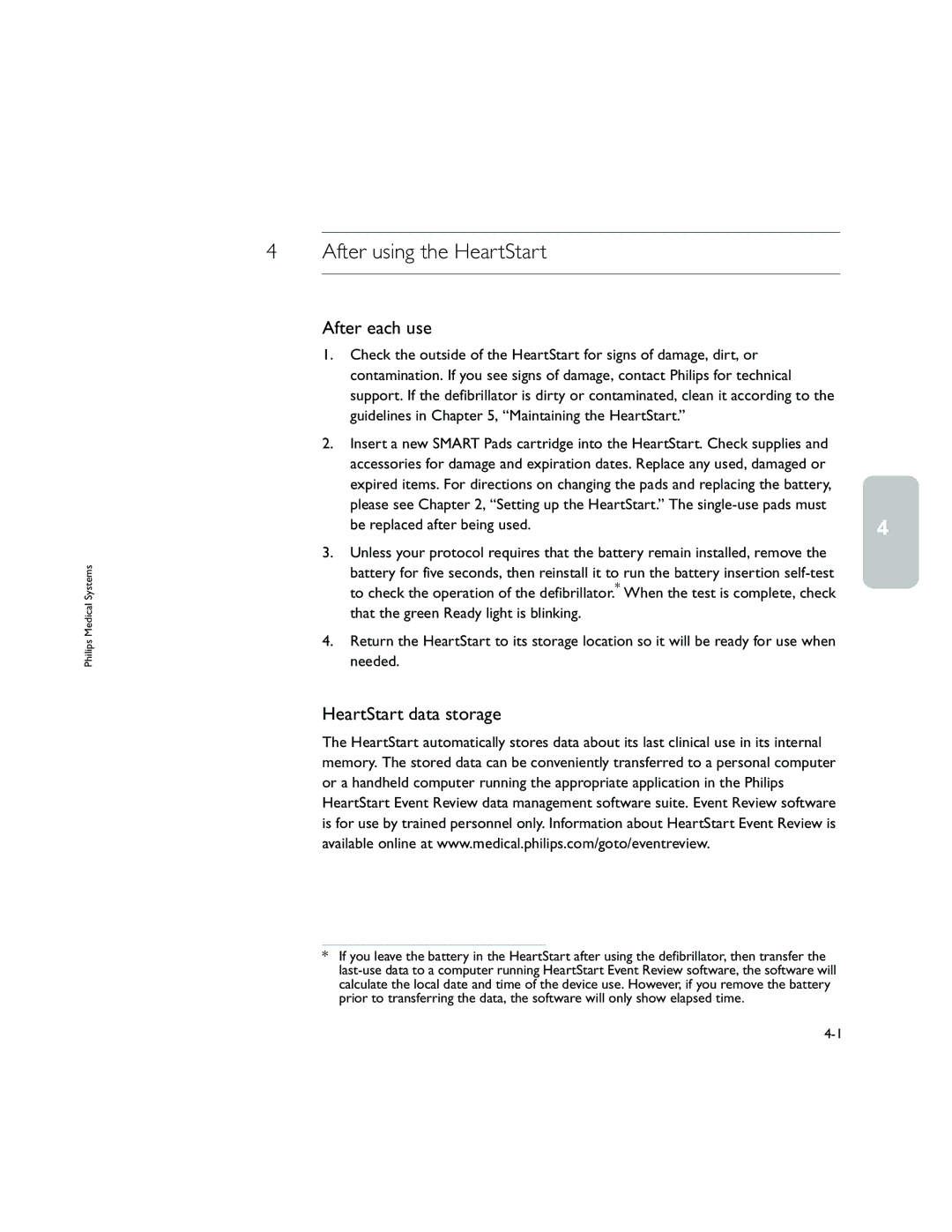 Philips M5066A owner manual After using the HeartStart, After each use, HeartStart data storage 