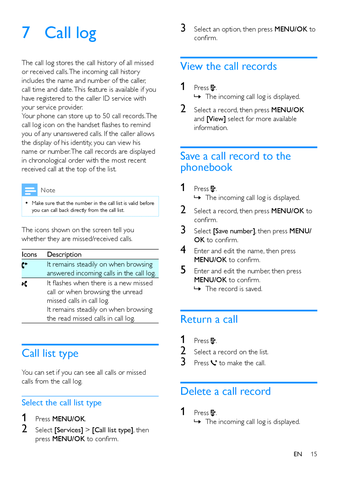 Philips M555, M550 manual Call log 