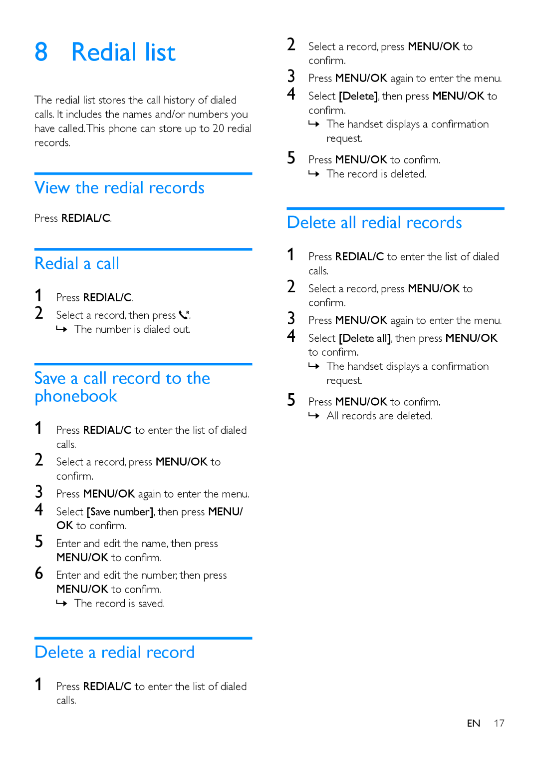 Philips M555, M550 Redial list, View the redial records, Redial a call, Delete a redial record, Delete all redial records 