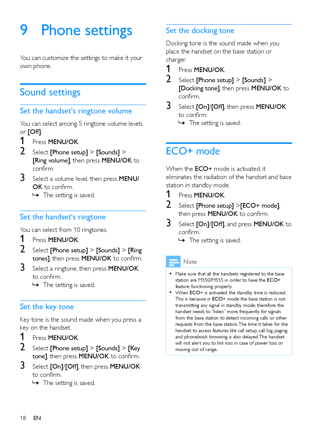 Philips M550, M555 manual Phone settings, Sound settings, ECO+ mode 