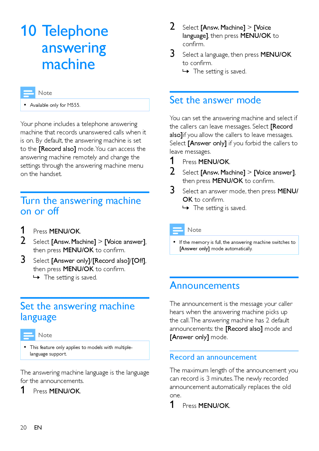 Philips M550 Turn the answering machine on or off, Set the answering machine language, Set the answer mode, Announcements 