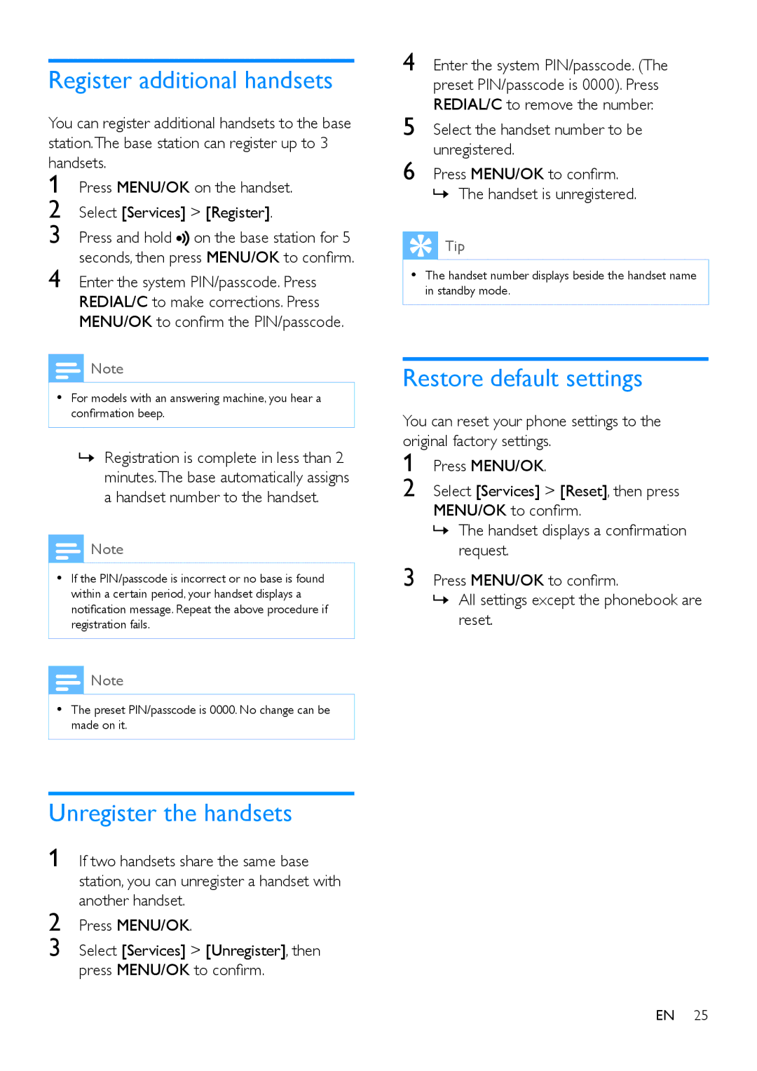 Philips M555, M550 manual Register additional handsets, Unregister the handsets, Restore default settings 