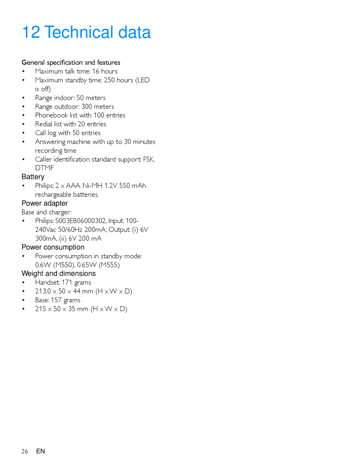 Philips M550, M555 manual Technical data, Dtmf 