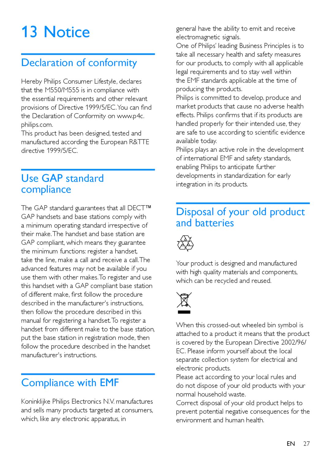 Philips M555, M550 manual Declaration of conformity, Compliance with EMF, Disposal of your old product and batteries 