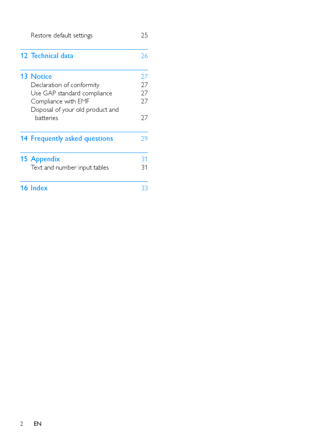 Philips M550, M555 manual Restore default settings, Batteries, Text and number input tables 