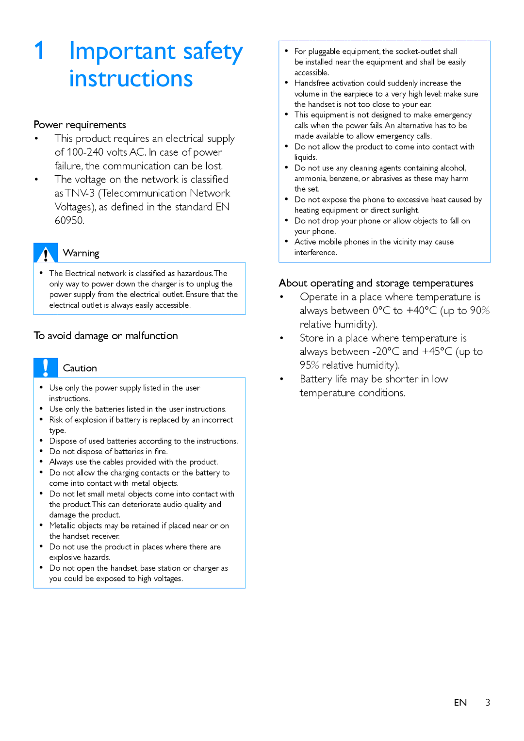 Philips M555, M550 manual Power requirements, Voltages, as defined in the standard EN 60950, To avoid damage or malfunction 