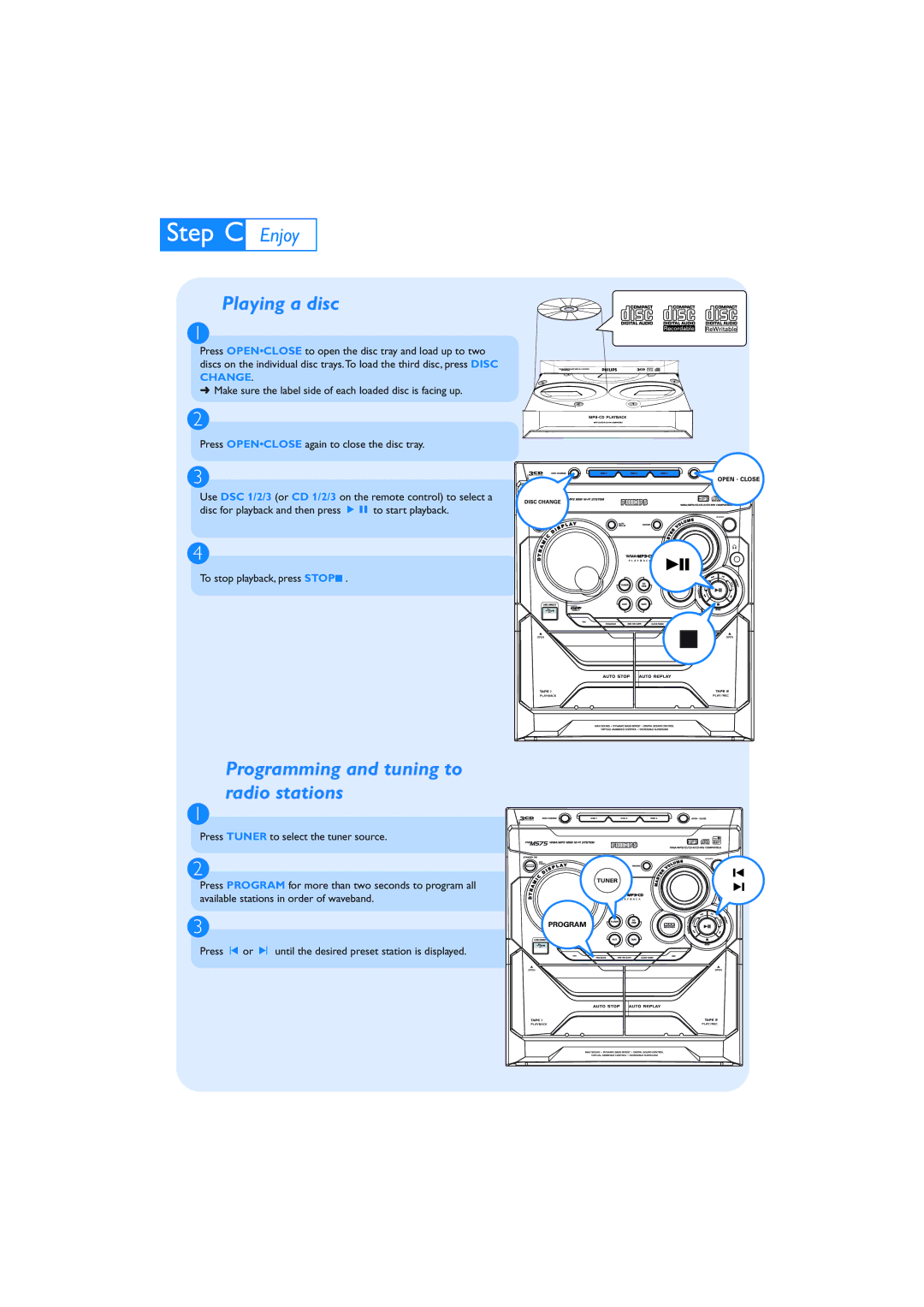 Philips M575 quick start Playing a disc, Programming and tuning to radio stations 