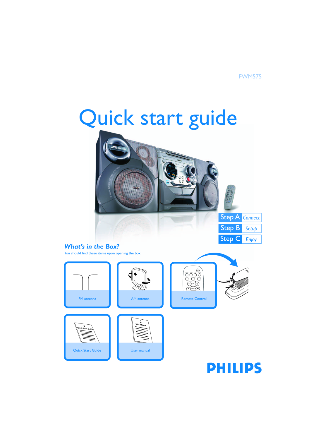 Philips quick start What’s in the Box?, Quick start guide, FWM575, You should find these items upon opening the box 